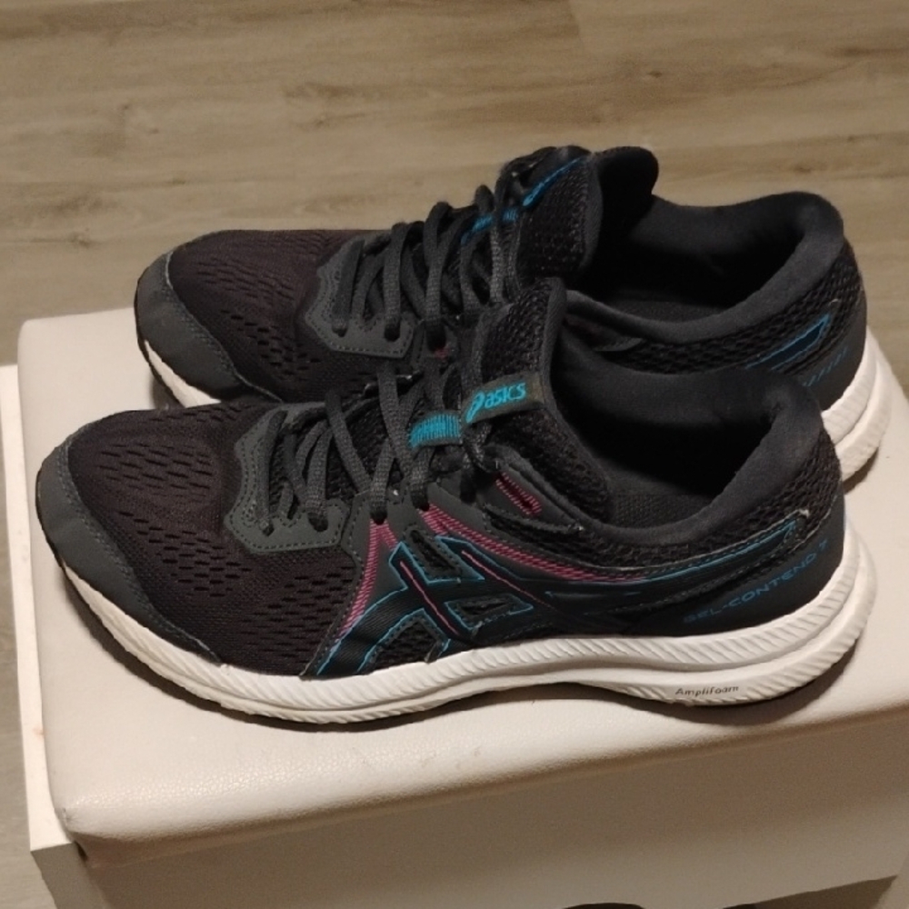 Asics Women's Black Gray Purple Athletic Shoes with Blue Accents - Picture 2 of 7